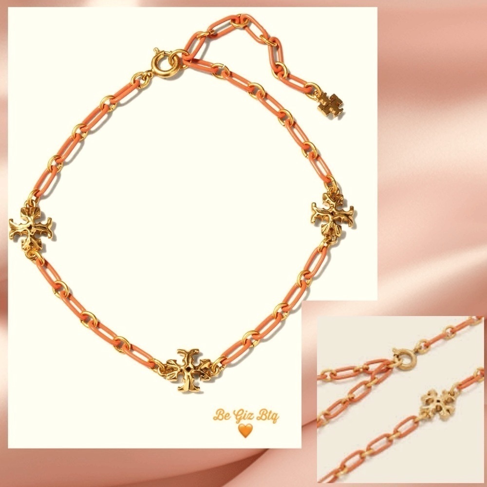 Tory Burch Authentic Roxanne 18K Gold-Plated & Coral Acrylic Logo Chain Bracelet